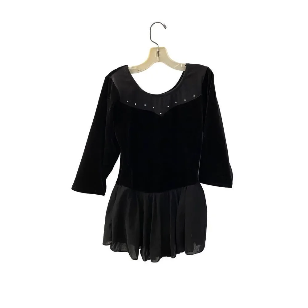 Danskin girls, freestyle, black velvet and cheer skirt. Leotard size L/10/12.